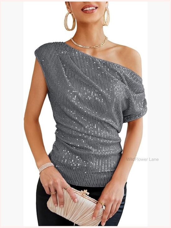 Tops - One Shoulder Sequin Sparkly Top Ruched Asymmetrical Glitter Party Shirt Slimming